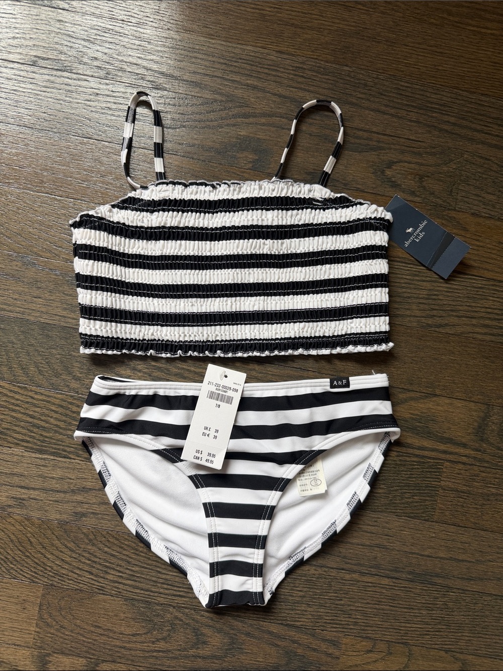 Abercrombie & Fitch Kids Black and White Striped Smocked Bikini Set girls 7/8